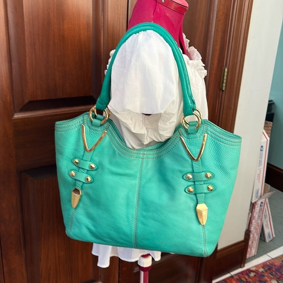 Oryany large Shoulder Bag leather green side of Aqua many inside pockets gold - Picture 4 of 17